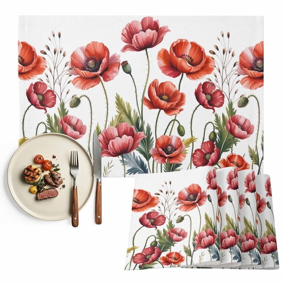 Placemats Set of 6, Red Poppy FLoral Place Mats Nature FLoral Leaves Tablemats Washable Placemat Table Decoration for Kitchen Table Dinner Party Home Decor Indoor Outdoor 13x19 Inch