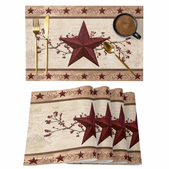 Placemats Set of 6, Red Texas Star Rustic Woven Placemat, Linen Place Mats for Kitchen/Dining Tables, Farmhouse Berry Brown Wooden Washable Table Mats for Party