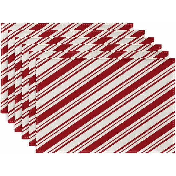 Placemats Set of 6, Red White Diagonal Stripes Candy Cane Washable Heat Resistant Linen Table Mats, Kitchen Decor Non-Slip Place Mats for Party Dining, 12x18 Inch