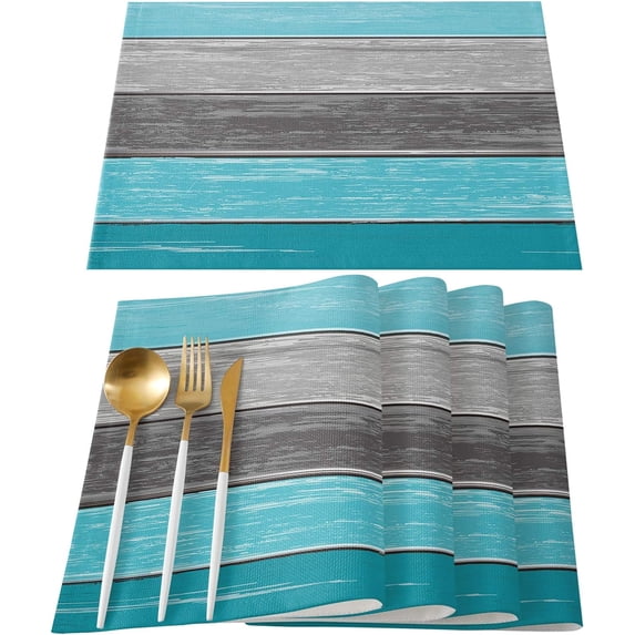 Placemats Set of 6, Retro Rustic Barn Wood Texture Polyester Stain Resistant Table Mats Washable Placemat Decoration for Kitchen Dining Table Ombre Aqua Blue Gray