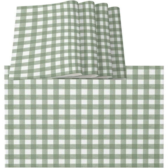 Placemats Set of 6, Sage Green Buffalo Plaid Placemats for Dining Table, Farmhouse Green White Checkered Cotton and Linen Table Mats Washable for Kitchen, Party, Wedding Decor, 13 x 19 Inches