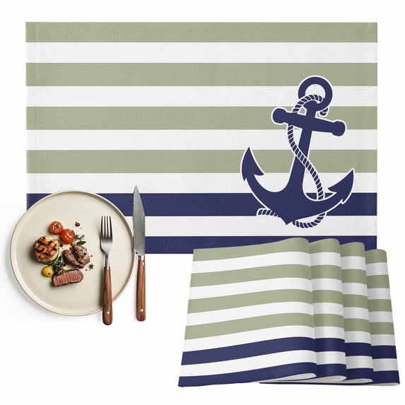 Placemats Set of 6, Sage Green Stripes Place Mats Navy Blue Nautical Anchor Tablemats Washable Placemat Table Decoration for Kitchen Table Dinner Party Home Decor Indoor Outdoor 13x19 Inch