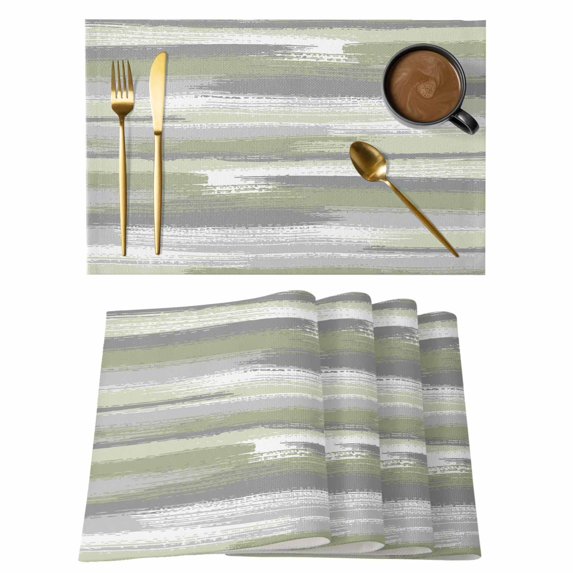 Placemats Set of 6, Sage Green Woven Placemat, Linen Place Mats for Kitchen/Dining Tables, Modern Abstract Grey Striped Art Washable Table Mats for Party