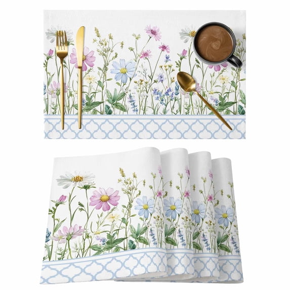 Placemats Set of 6, Spring Daisy Woven Placemat, Linen Place Mats for Kitchen/Dining Tables, Blue Moroccan White Wildflowers Country Plants Washable Table Mats for Party