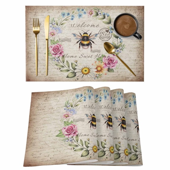 Placemats Set of 6, Spring Daisy Woven Placemat, Linen Place Mats for Kitchen/Dining Tables, Pink Flowers Wreath Leaves Farmhouse Vintage Washable Table Mats for Party