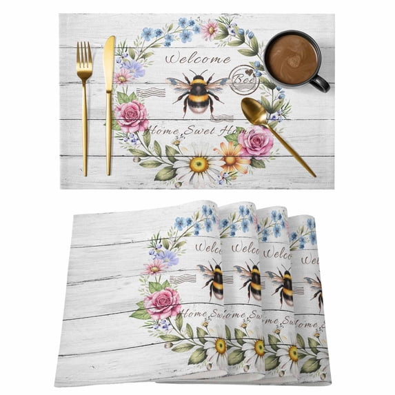 Placemats Set of 6, Spring Daisy Woven Placemat, Linen Place Mats for Kitchen/Dining Tables, Pink Flowers Wreath Leaves Farmhouse White Wood Washable Table Mats for Party