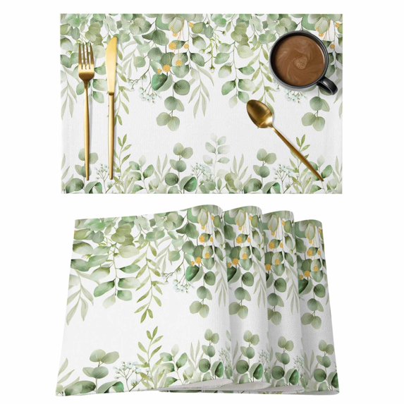 Placemats Set of 6, Spring Eucalyptus Leaves Woven Placemat, Linen Place Mats for Kitchen/Dining Tables, Green Summer Botanical Washable Table Mats for Party