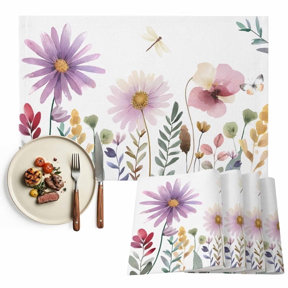 Placemats Set of 6, Spring Floral Place Mats Butterfly Wildflowers Leaves Tablemats Washable Placemat Table Decoration for Kitchen Table Dinner Party Home Decor Indoor Outdoor 13x19 Inch