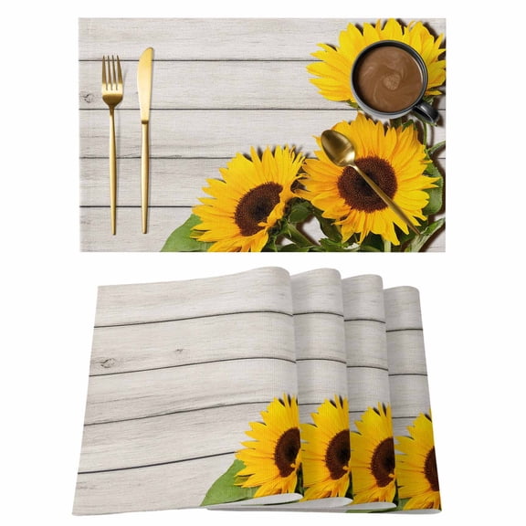 Placemats Set of 6, Spring Sunflowers Woven Placemat, Linen Place Mats for Kitchen/Dining Tables, Yellow Floral Turquoise Farmhouse Grey Wooden Washable Table Mats for Party