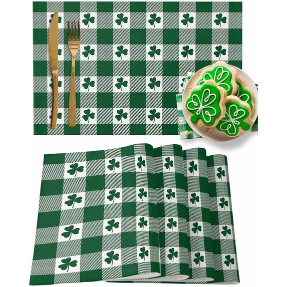 Placemats Set of 6, St Patrick''s Day Spring Clover Green White Check Lattice Washable Burlap & Cotton Placemats for Kitchen Dining Table Holiday Home Decoration