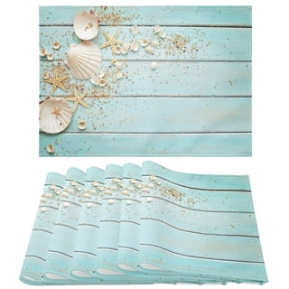 Placemats Set of 6, Summer Beach Seashell Non Slip Heat Resistant Linen Fabric Cotton Cloth Place Mats, Blue Wood Board Square Washable Holiday Party Dining Table Mats for Coastal Home Kitchen Decor