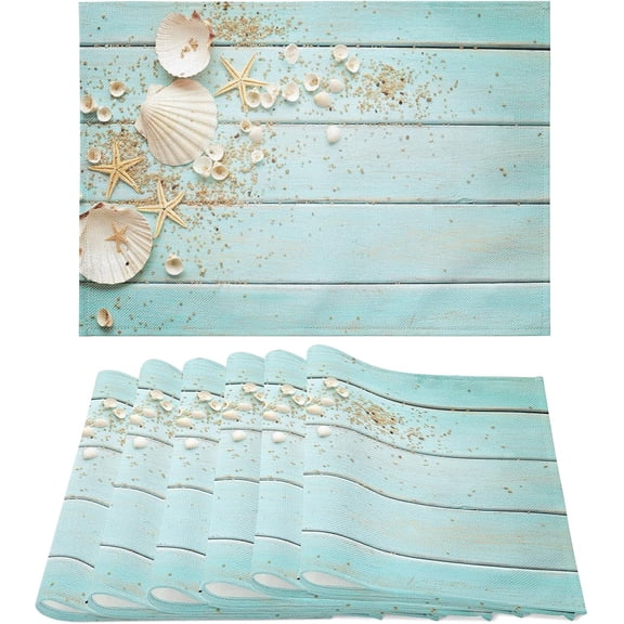 Placemats Set of 6, Summer Beach Seashell Non Slip Heat Resistant Linen Fabric Cotton Cloth Place Mats, Blue Wood Board Square Washable Holiday Party Dining Table Mats for Coastal Home Kitchen Decor