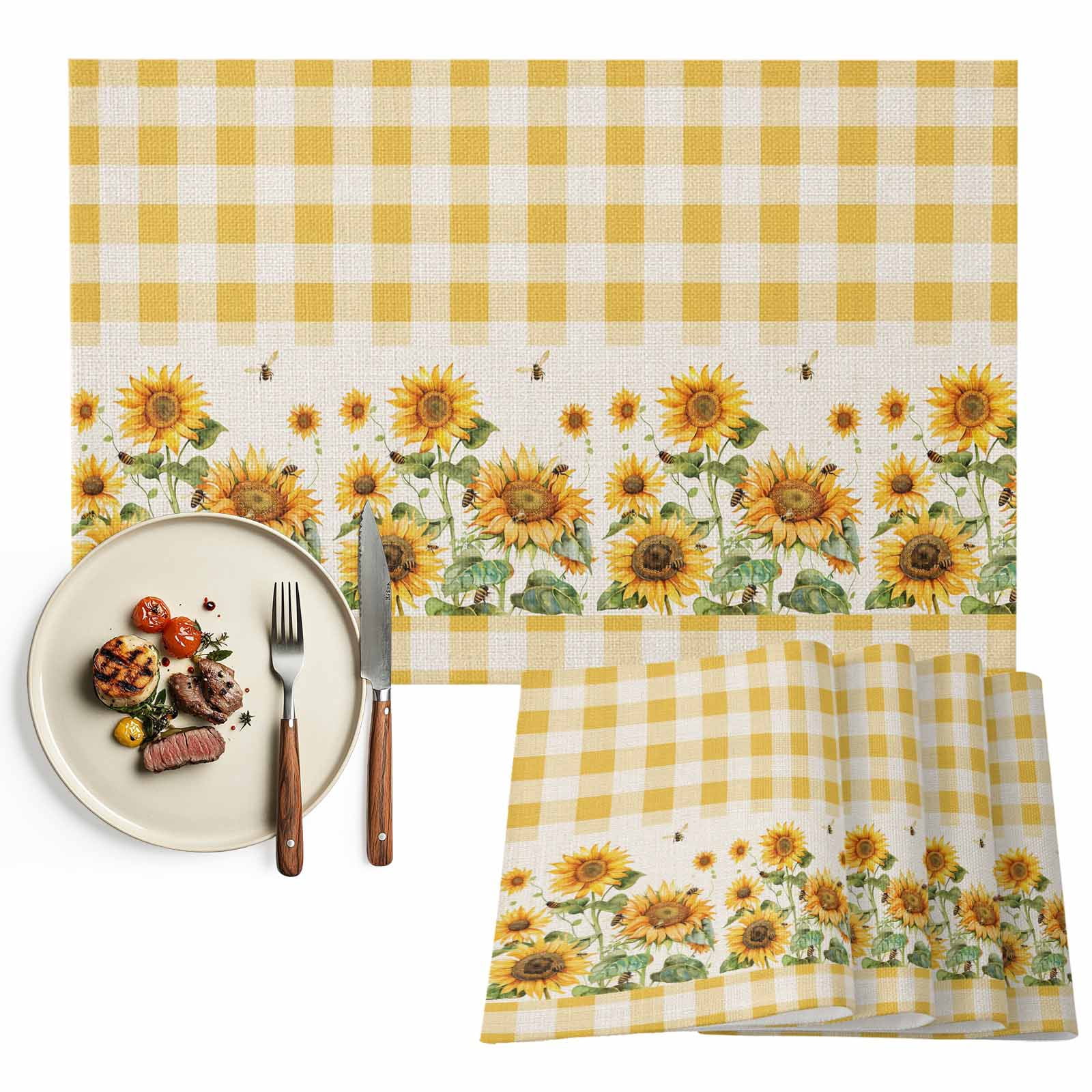 Placemats Set of 6, Sunflower Bee Place Mats Yellow Buffalo Plaid Check ...