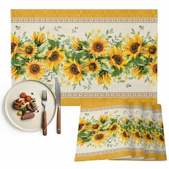 Placemats Set of 6, Sunflower Place Mats Bee Yellow Floral Leaves Tablemats Washable Placemat Table Decoration for Kitchen Table Dinner Party Home Decor Indoor Outdoor 13x19 Inch