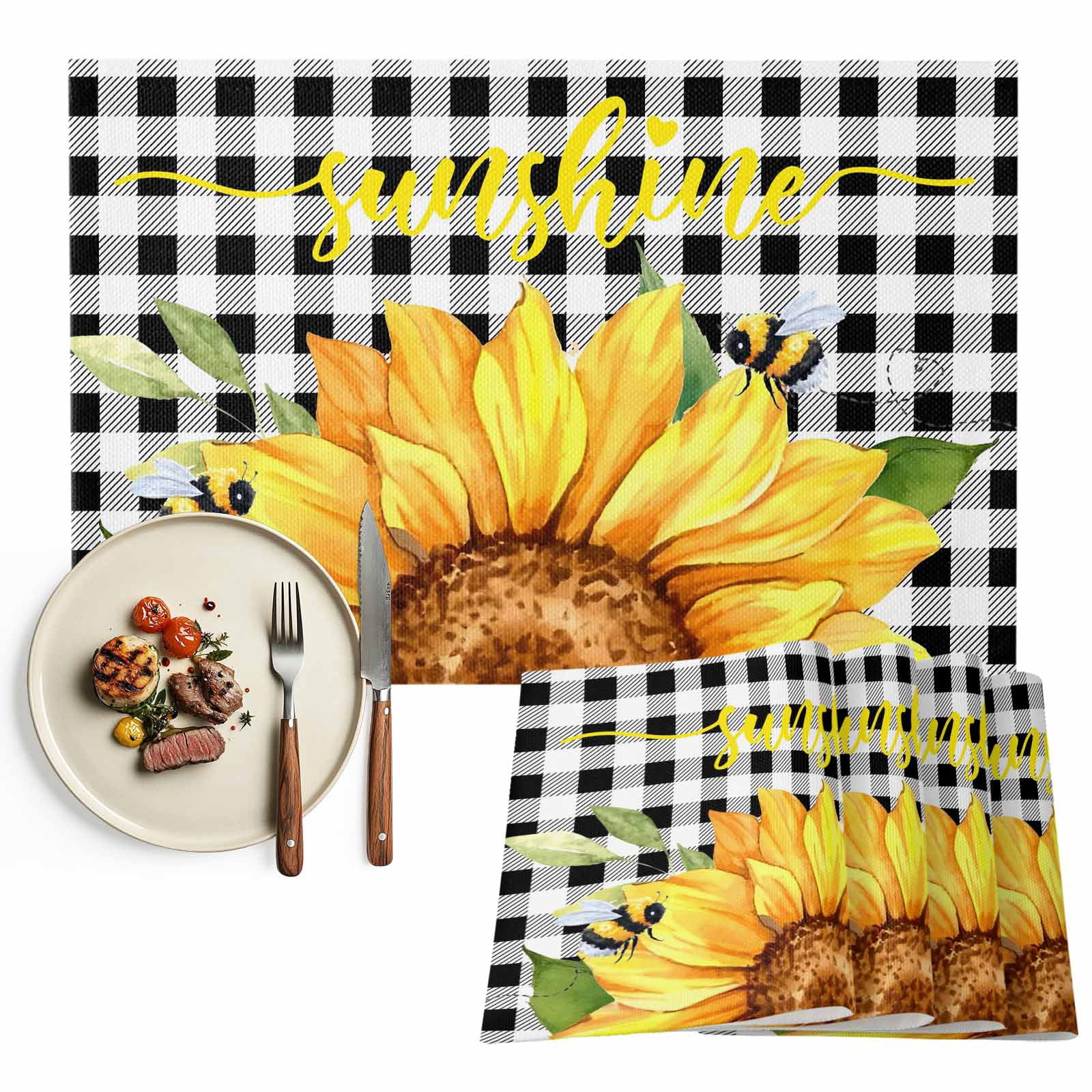 Placemats Set of 6, Sunshine Sunflower Place Mats Bee Black Buffalo ...