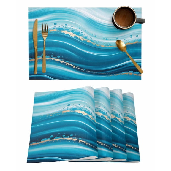 Placemats Set of 6, Teal Abstract Waves Woven Placemat, Linen Place Mats for Kitchen/Dining Tables, Water Ripple Stripes Modern Washable Table Mats for Party