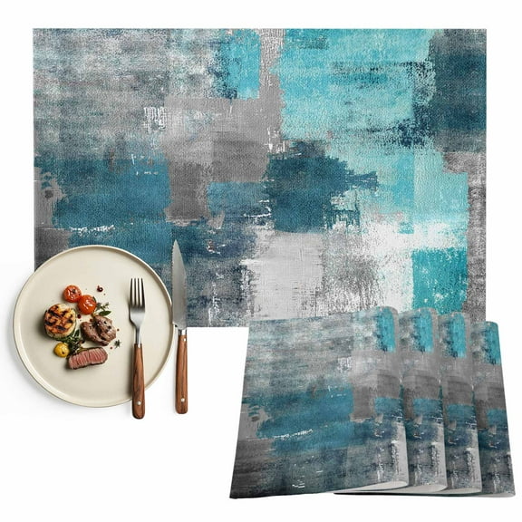 Placemats Set of 6, Teal Gray Block Place Mats Abstract Art Tablemats Washable Placemat Table Decoration for Kitchen Table Dinner Party Home Decor Indoor Outdoor 13x19 Inch