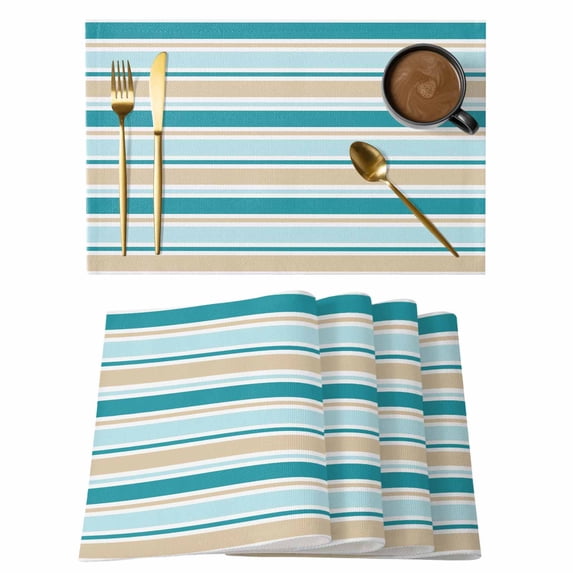 Placemats Set of 6, Teal Khaki Striped Woven Placemat, Linen Place Mats for Kitchen/Dining Tables, Farmhouse Stripes Modern Abstract Art Washable Table Mats for Party