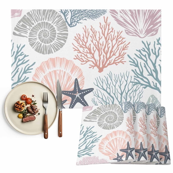 Placemats Set of 6, Teal Starfish Shell Place Mats Coastal Ocean Coral Tablemats Washable Placemat Table Decoration for Kitchen Table Dinner Party Home Decor Indoor Outdoor 13x19 Inch