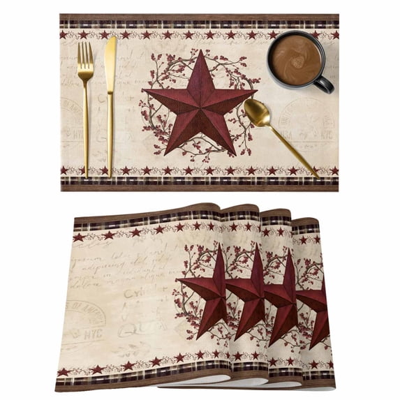 Placemats Set of 6, Texas Star Vintage Woven Placemat, Linen Place Mats for Kitchen/Dining Tables, Red Berry Retro Art Farmhouse Washable Table Mats for Party