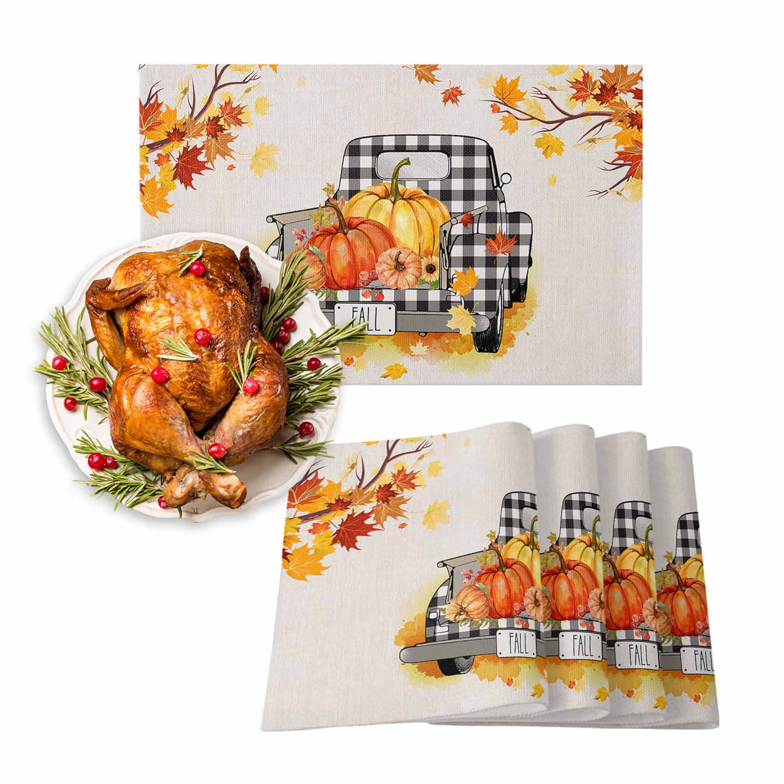 Placemats Set of 6 Thanksgiving Black Buffalo Plaid Pumpkin Maple Leaf