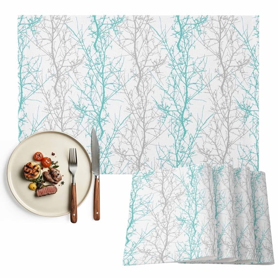 Placemats Set of 6, Tree Branch Place Mats Turquoise Blue Tablemats Washable Placemat Table Decoration for Kitchen Table Dinner Party Home Decor Indoor Outdoor 13x19 Inch