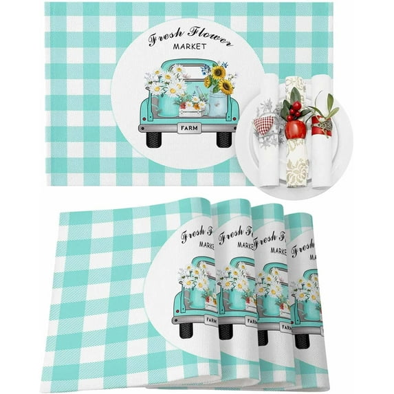 Placemats Set of 6 Truck with Daisy Place Mats for Dining Table Heat-Resistant Non-Slip Washable Farmhouse Teal Green Buffalo Check Plaid Table Mat for Dining Room, Kitchen, Home Decoration