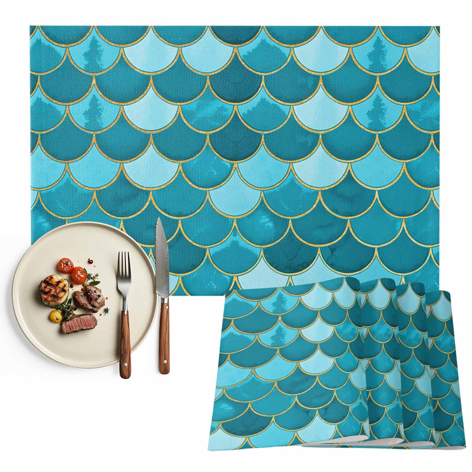 Placemats Set of 6, Turquoise Fish Scales Place Mats Ombre Fish Tail ...