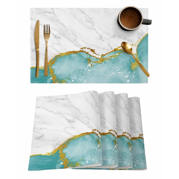 Placemats Set of 6, Turquoise Gold Marble Woven Placemat, Linen Place Mats for Kitchen/Dining Tables, Modern Abstract Marble Crack Texture Washable Table Mats for Party