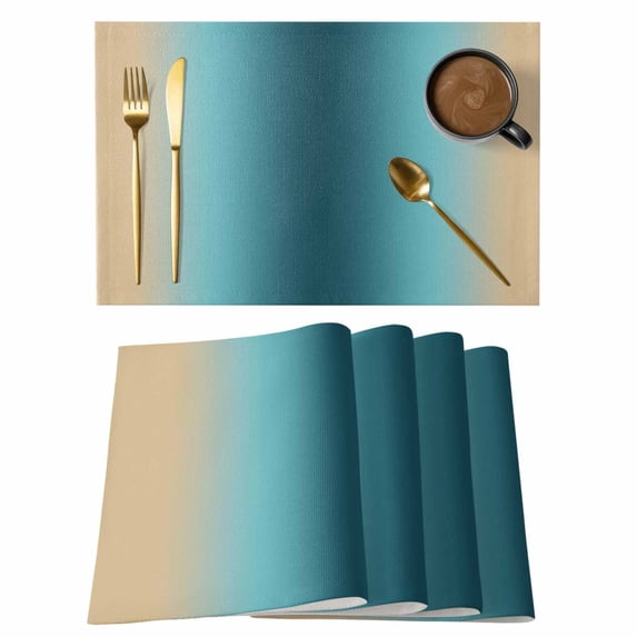Placemats Set of 6, Turquoise Yellow Ombre Woven Placemat, Linen Place Mats for Kitchen/Dining Tables, Farmhouse Modern Gradient Art Washable Table Mats for Party