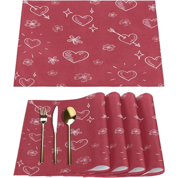Placemats Set of 6 Valentine''s Day Love Flower Arrow Fabric Placemats Square Placemat for Kitchen Table Heat Resistant, Easy to Clean Table Placemats 12x18 Inch