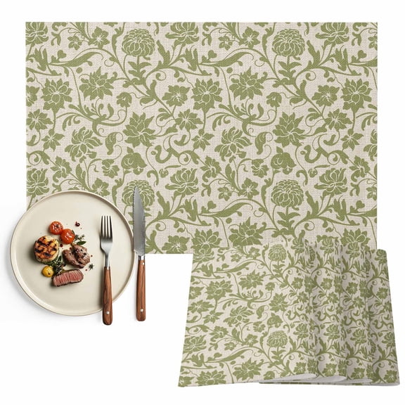 Placemats Set of 6, Vintage Floral Place Mats Bohemian Green Flowers Tablemats Washable Placemat Table Decoration for Kitchen Table Dinner Party Home Decor Indoor Outdoor 13x19 Inch