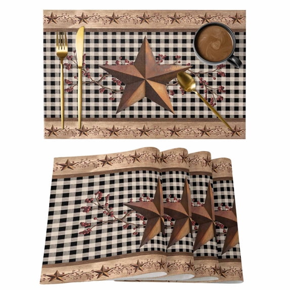 Placemats Set of 6, Vintage Texas Star Brown Woven Placemat, Linen Place Mats for Kitchen/Dining Tables, Black Plaid Berry Farmhouse Washable Table Mats for Party