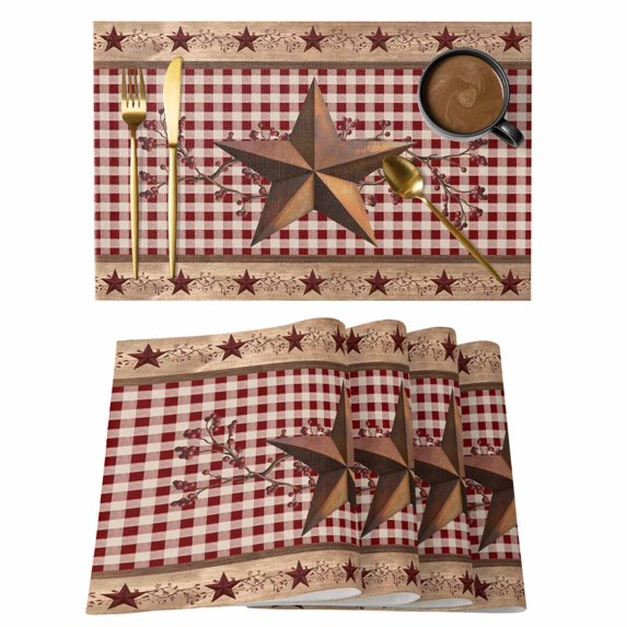 Placemats Set of 6, Vintage Texas Star Brown Woven Placemat, Linen Place Mats for Kitchen/Dining Tables, Red Plaid Berry Farmhouse Washable Table Mats for Party