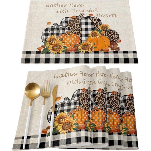 Placemats Set of 6 Washable,Autumn Pumpkin Sunflowers Placemat for Dining Table Decorations, Heat-Proof Table Mats for Kitchen Dinner Banquet Black and White Buffalo Plaids