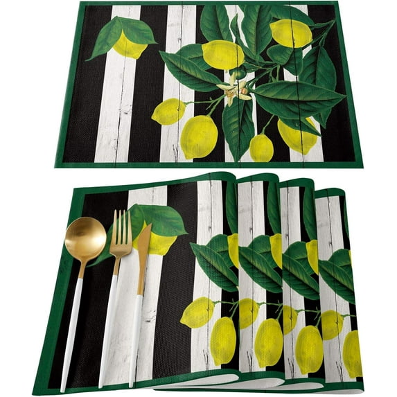 Placemats Set of 6 Washable,Yellow Lemon Pattern Green Leaf Placemat for Dining Table Decorations, Heat-Proof Table Mats for Kitchen Dinner Banquet Black and White Stripe