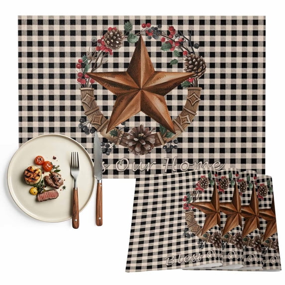 Placemats Set of 6, Western Barn Stars Berry Place Mats Bless This Home Black Plaid Tablemats Washable Placemat Table Decoration for Kitchen Table Dinner Party Home Decor Indoor Outdoor 13x19 Inch