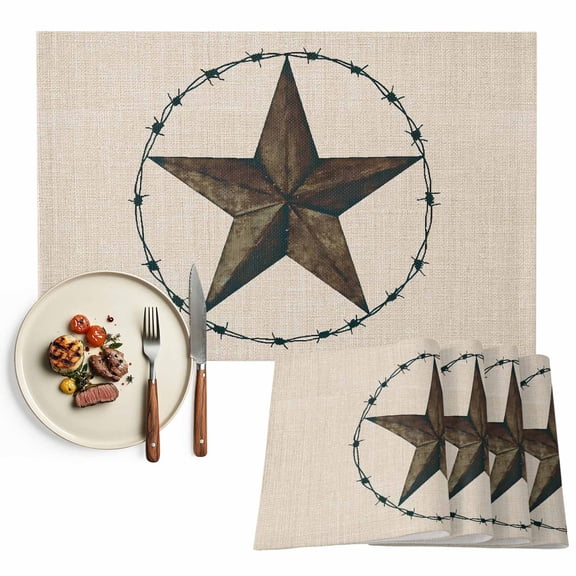 Placemats Set of 6, Western Texas Star Barn Place Mats Rustic Retro Linen Tablemats Washable Placemat Table Decoration for Kitchen Table Dinner Party Home Decor Indoor Outdoor 13x19 Inch