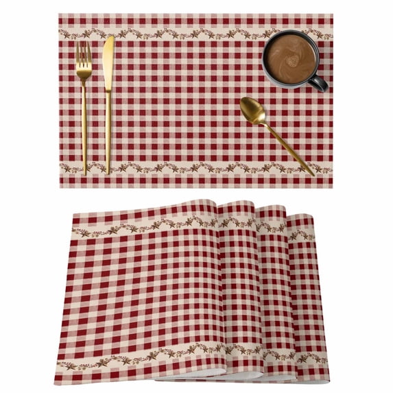 Placemats Set of 6, Western Texas Star Retro Woven Placemat, Linen Place Mats for Kitchen/Dining Tables, Country Vintage Red Beige Plaid Washable Table Mats for Party