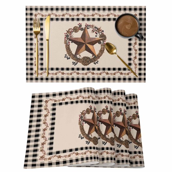 Placemats Set of 6, Western Texas Star Vintage Woven Placemat, Linen Place Mats for Kitchen/Dining Tables, Rustic Wreath Black Beige Plaid Washable Table Mats for Party