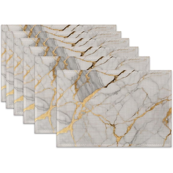 Placemats Set of 6,White Gold Marble Linen Table Mats Abstract Heat Resistant Place Mats Washable Dining Table Mats for Indoor Outdoor Kitchen Decor Easy Clean 12 x 18 Inch