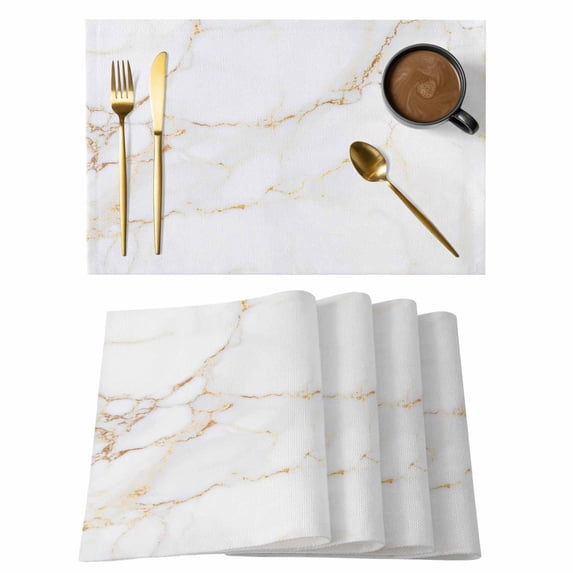 Placemats Set of 6, White Golden Marble Woven Placemat, Linen Place Mats for Kitchen/Dining Tables, Modern Abstract Art Elegant Washable Table Mats for Party