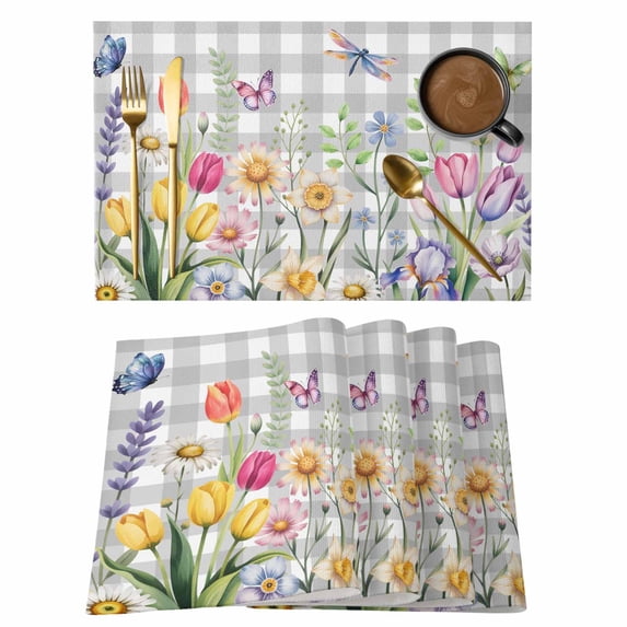 Placemats Set of 6, Wildflowers Woven Placemat, Linen Place Mats for Kitchen/Dining Tables, Spring Watercolor Tulip Floral Leaf Grey Plaid Washable Table Mats for Party