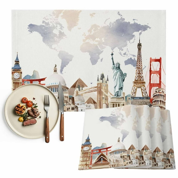 Placemats Set of 6, World Map Place Mats Famous Building Tourism Landscape Tablemats Washable Placemat Table Decoration for Kitchen Table Dinner Party Home Decor Indoor Outdoor 13x19 Inch