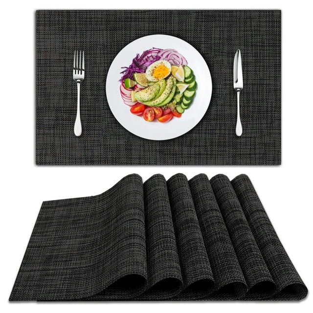 Set of 6 Woven, HeatResistant, Stain Resistant, AntiSkid, Washable PVC Placemats, Black