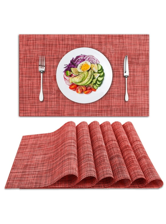 Placemats Set of 6, Woven Placemats for Dining Table, Heat-Resistant Placemats Stain Resistant Anti-Skid Washable PVC Table Mats, Vinyl Placemats for Kitchen Restaurant Table,Red