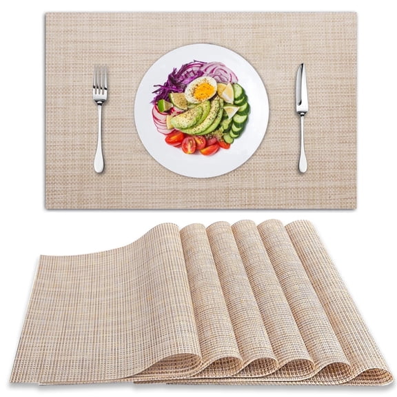 Placemats Set of 6, Woven Placemats for Dining Table, Heat-Resistant Placemats Stain Resistant Anti-Skid Washable PVC Table Mats, Vinyl Placemats for Kitchen Restaurant Table,Beige