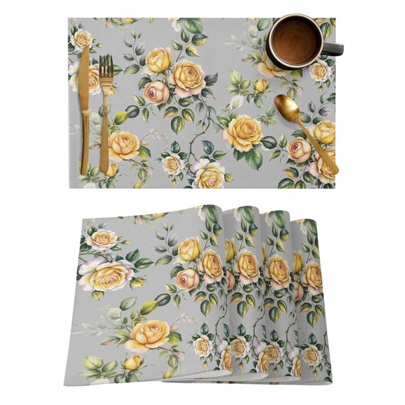 Placemats Set of 6, Yellow Rose Woven Placemat, Linen Place Mats for Kitchen/Dining Tables, Vintage Country Botanical Floral Vines Washable Table Mats for Party