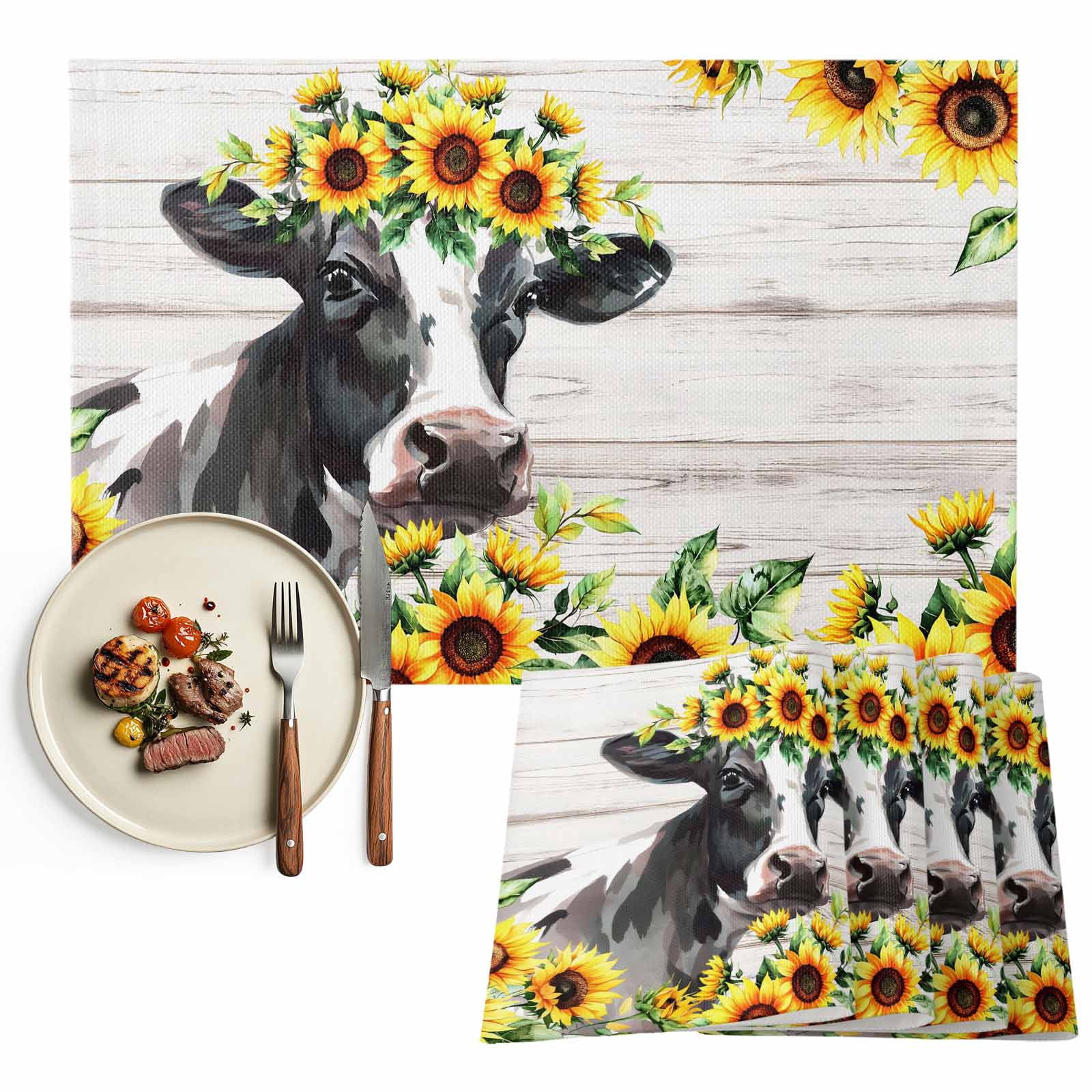 Placemats Set of 6, Yellow Sunflower Cow Place Mats Farm Animal Wood ...