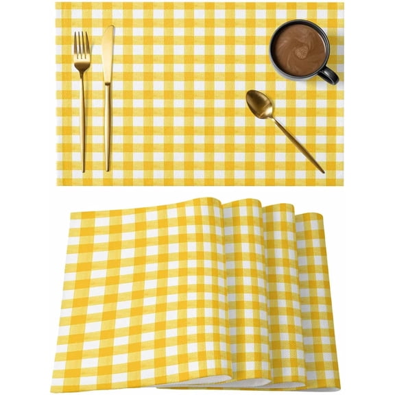 Placemats Set of 6, Yellow Washable Wipeable Table Mats for Dining Tables, Country French Rustic Buffalo Plaid Modern Art Indoor Outdoor Waterproof Kitchen Place Mats for Holiday Table Decor